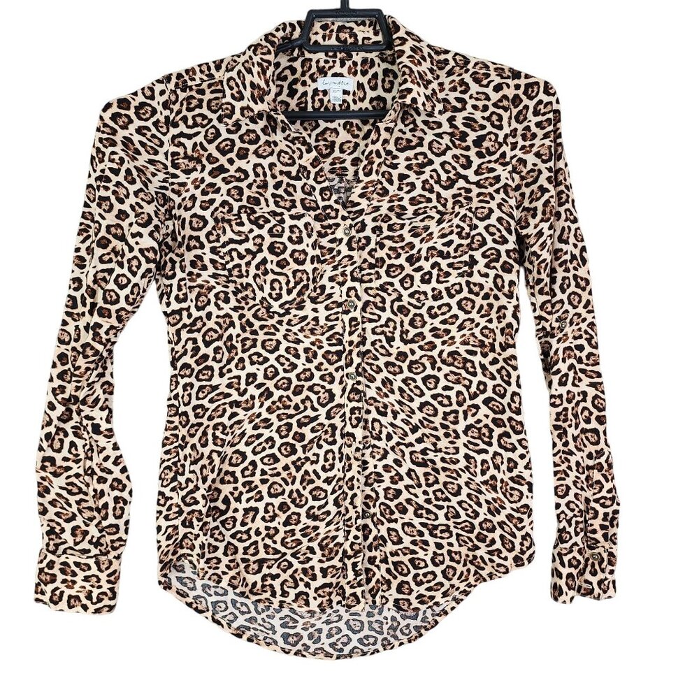 Womens Love Fire Leopard Print Button Down Blouse Top Shirt Long Sleeve Size XS
